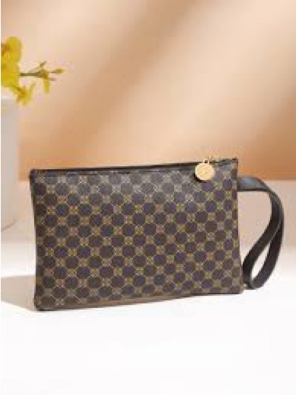 Designer-Inspired Brown Patterned Wristlet Pouch with Gold Accent